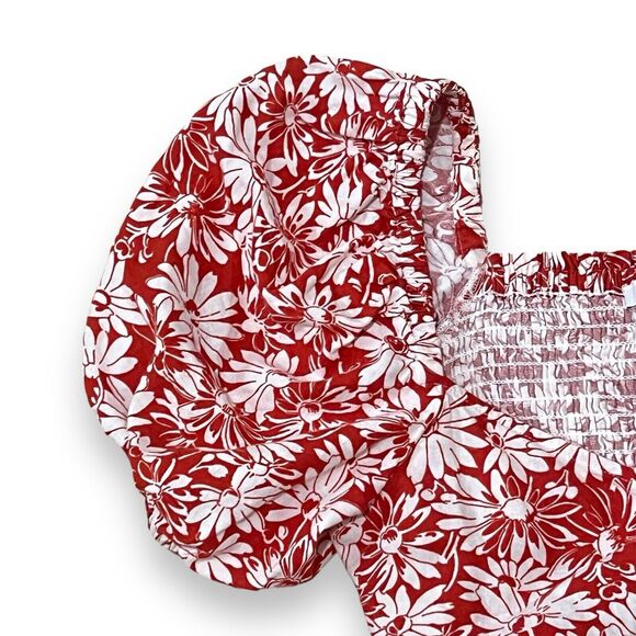 Madewell Anita Abstract Floral Linen Wrap Puff Sleeve Top XS Roasted Squash Red - Picture 6 of 11